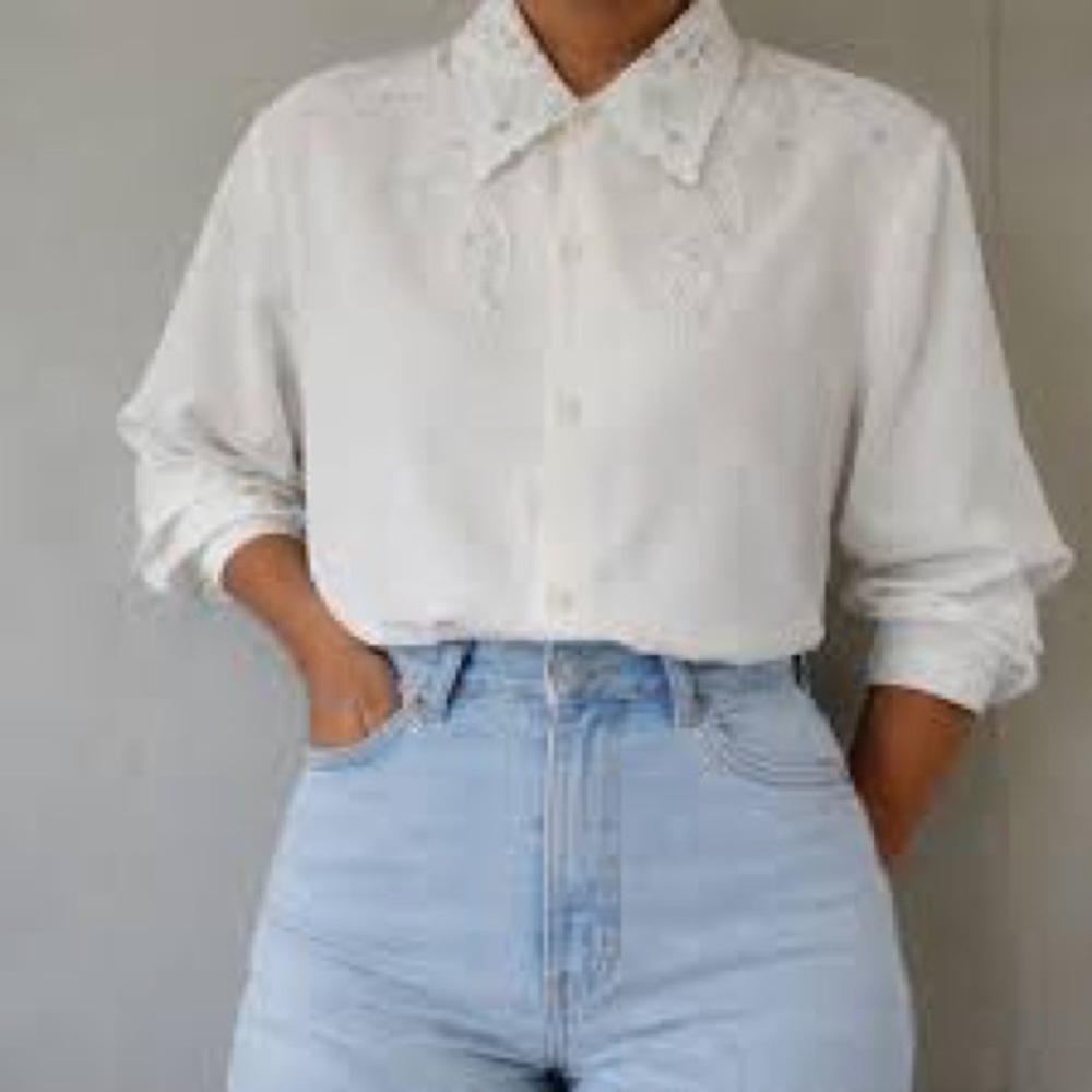 Elegant vintage embroidered white button down shirt